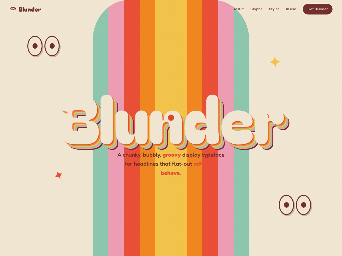 Anteprima del sito Blunder: wordmark a bolle su arco arcobaleno rétro