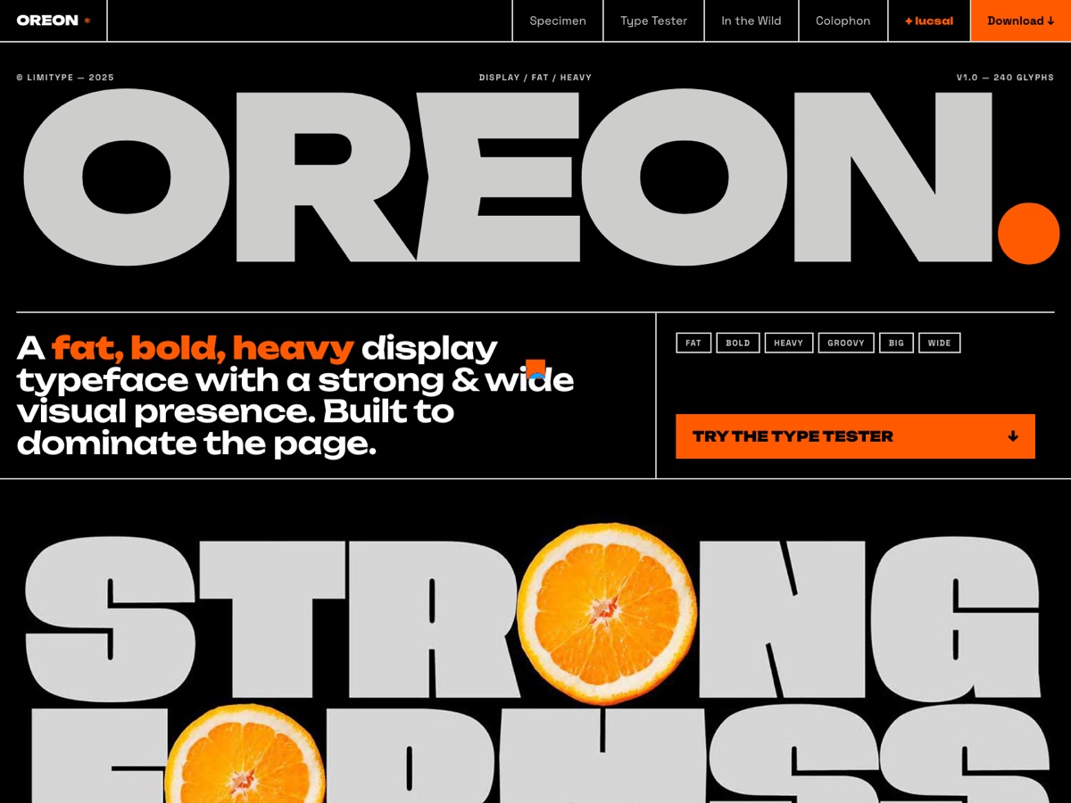 Anteprima del sito OREON: wordmark gigante del font display su fondo nero