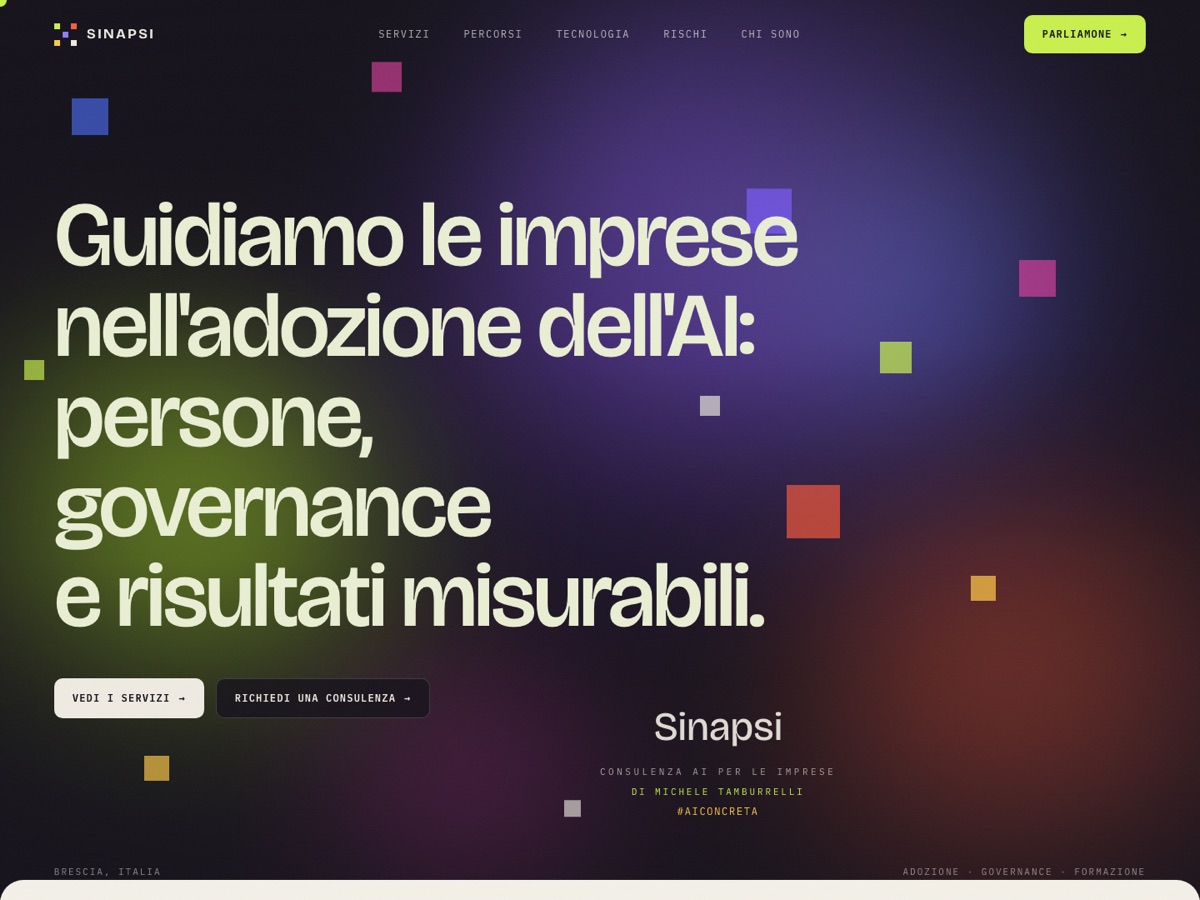 Anteprima del sito SINAPSI: hero scuro con gradiente colorato per la consulenza AI
